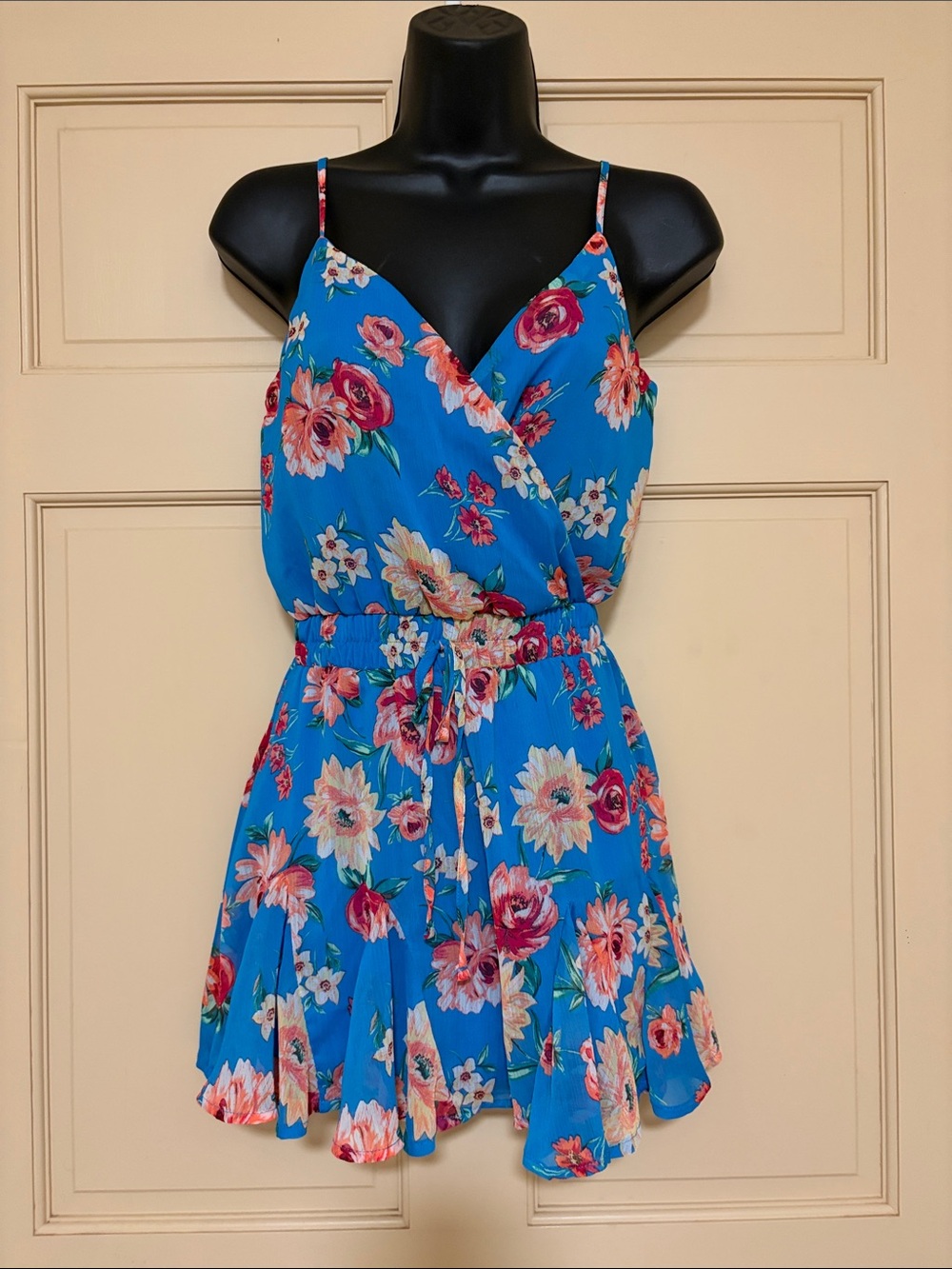 miami Blue Floral Spaghetti-Strap Wrap Dress